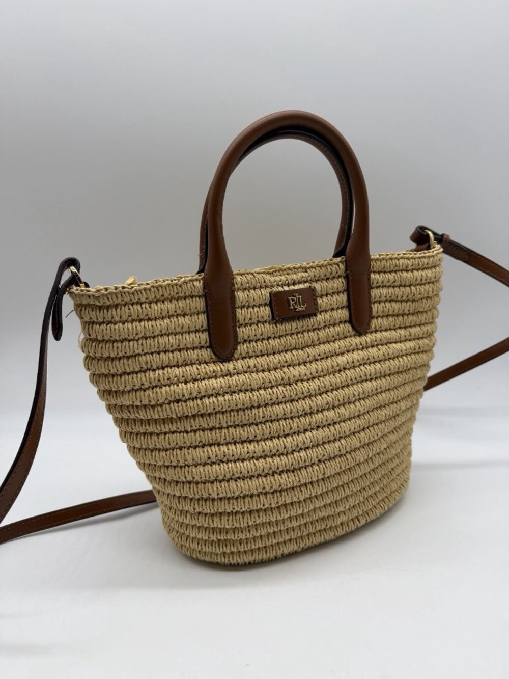 RALPH LAUREN Brie woven straw leather trim small tote shoulder bag -Natural - Picture 9 of 13